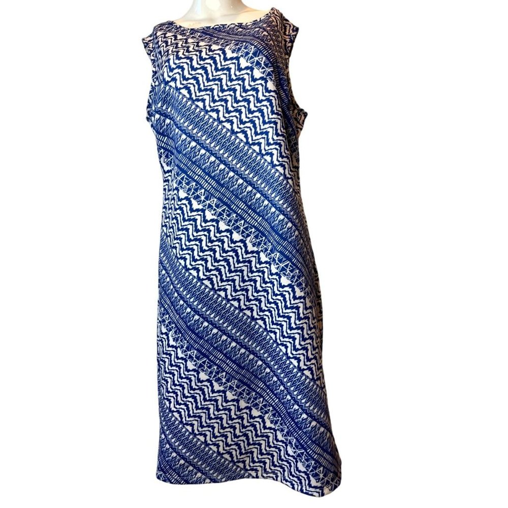 Ashley Stewart Women's Sheath Midi Dress Sleeveless Chevron Blue White SZ 14/16